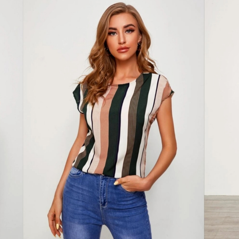 NEW Shein Batwing Sleeve Twist Cutout Back Striped Top